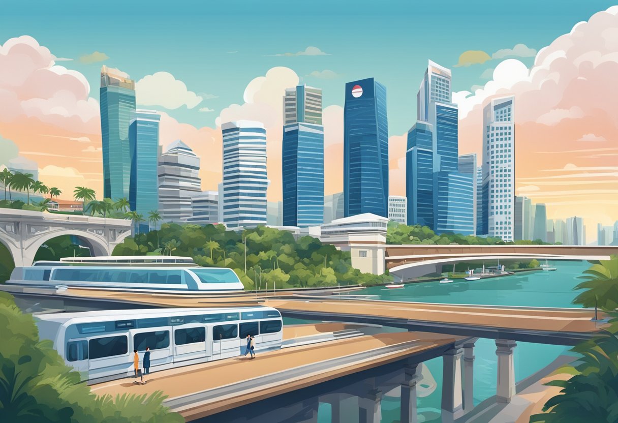 A bustling cityscape with iconic landmarks, blending modern architecture with traditional elements, showcasing the rich cultural and historical significance of Singapore's CBD