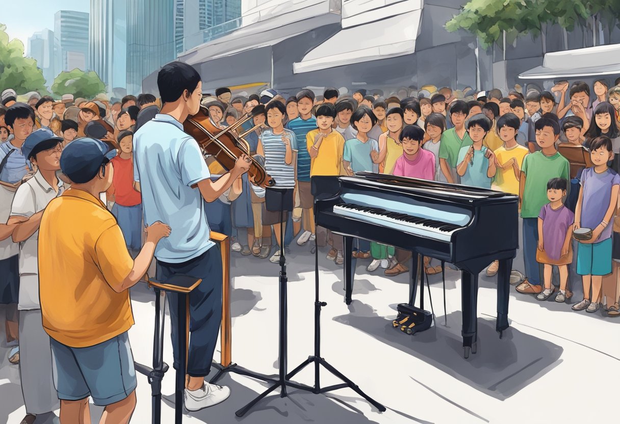 A street performer plays music in front of a crowd in Singapore. The performer's instrument case is open for donations. The scene is lively and colorful, with people stopping to watch and listen