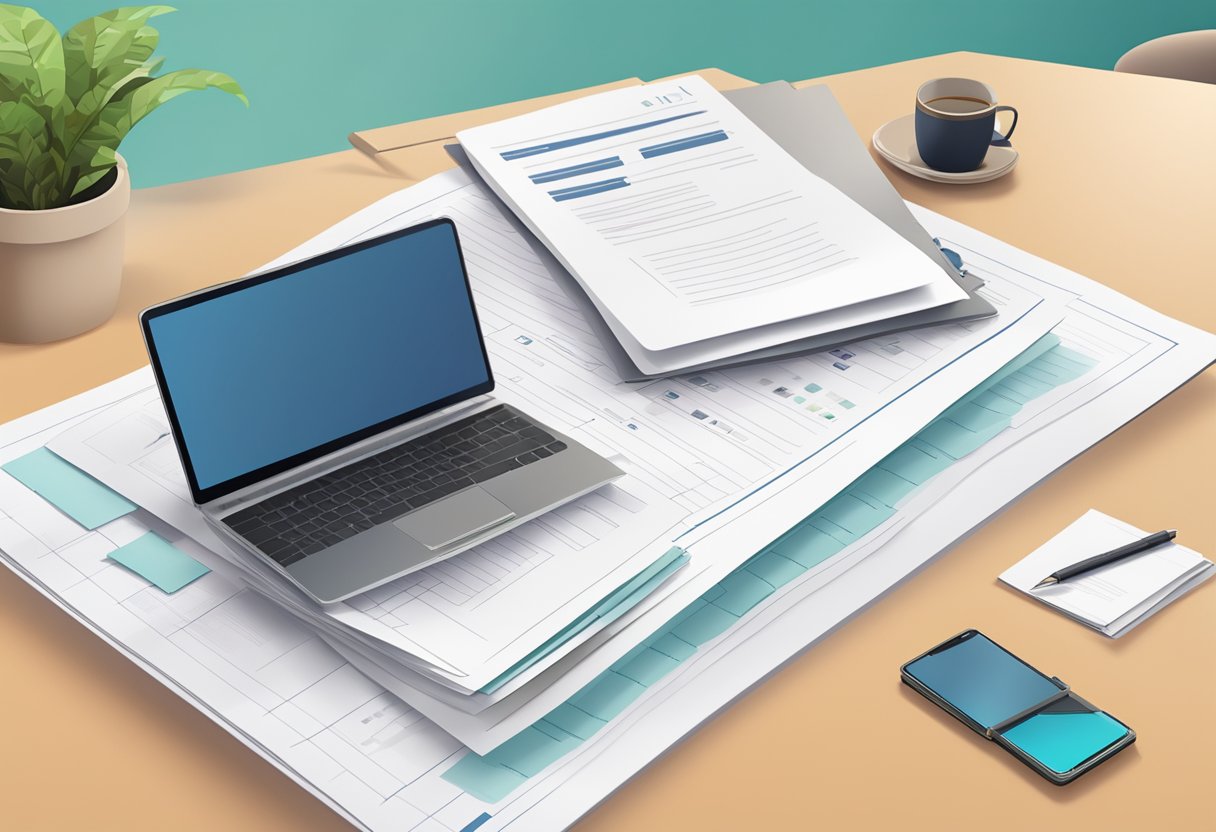 A stack of FAQ sheets on a desk with a laptop and pen