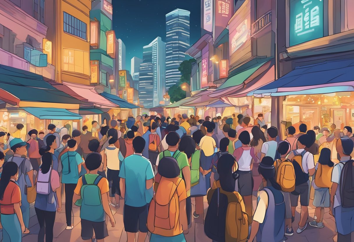 A bustling street in Singapore with a diverse crowd watching various buskers perform music, dance, and other artistic acts. Bright lights and colorful signs illuminate the scene