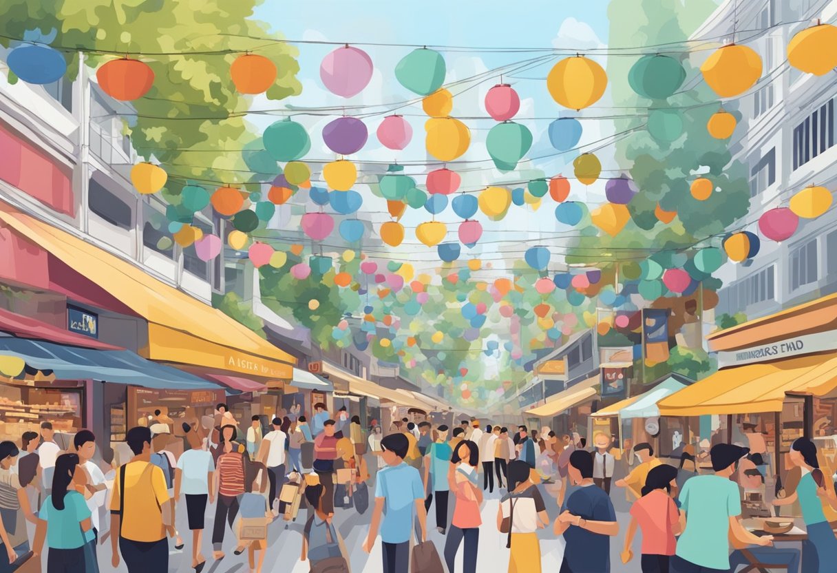 Crowded streets with colorful signs, bustling markets, and lively music filling the air as performers entertain passersby in Singapore's popular busking hotspots