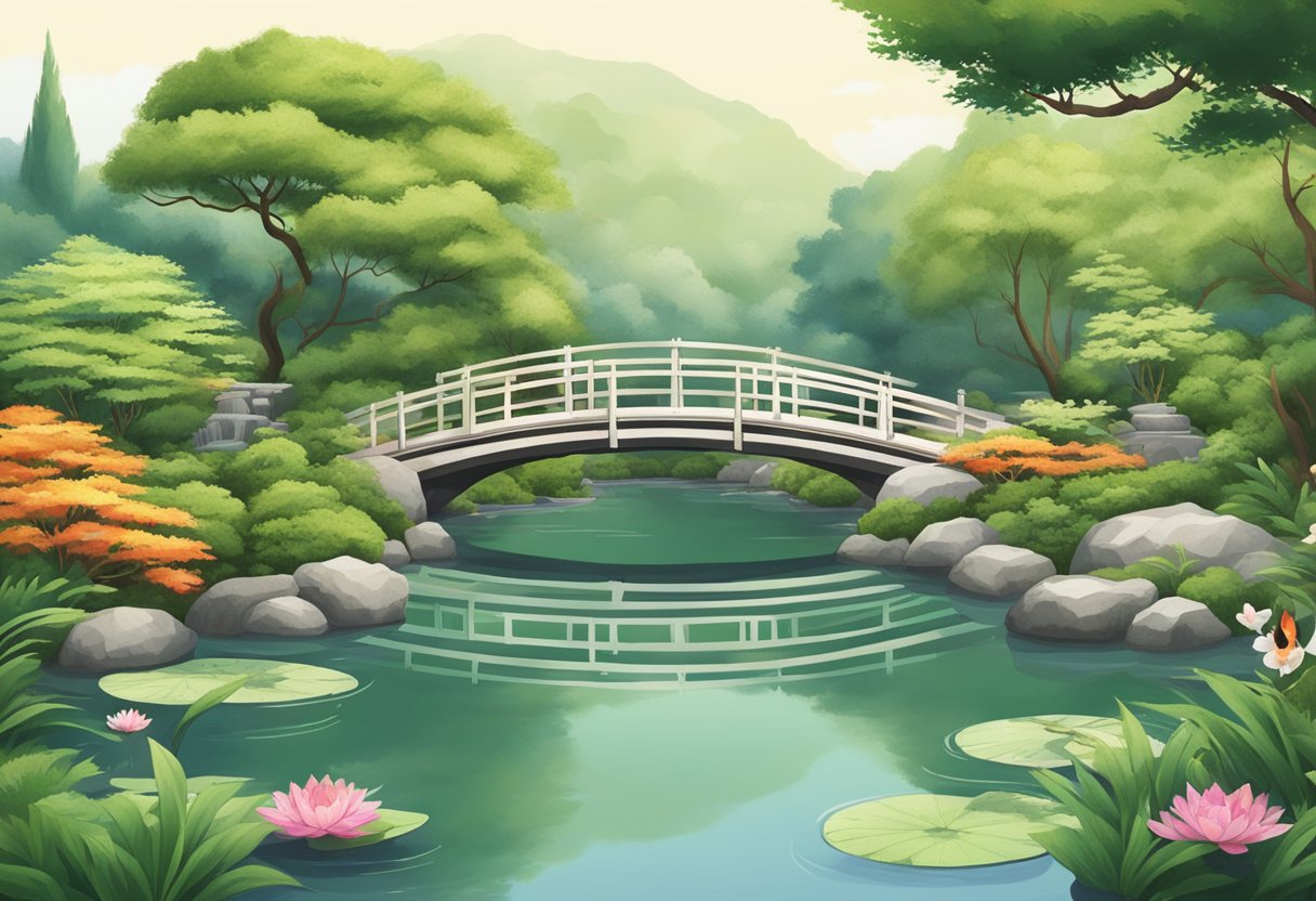 A serene garden with a koi pond, lush greenery, and a traditional Japanese bridge in the background