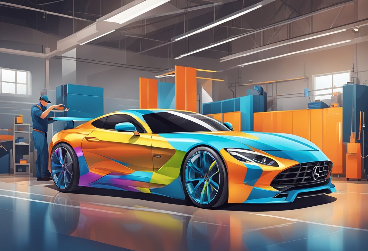 A car being professionally wrapped in a vibrant and eye-catching design by skilled technicians in a modern workshop setting