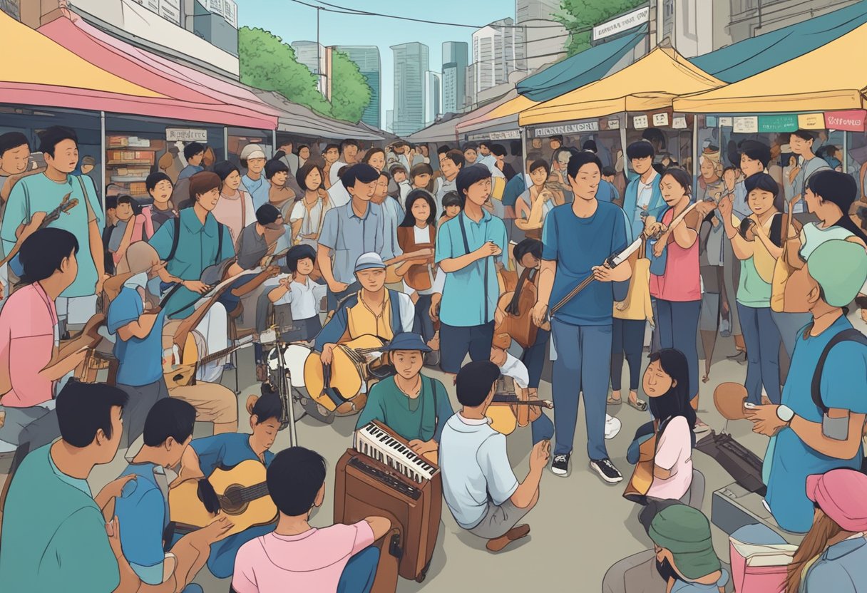 A street musician surrounded by a diverse crowd in a bustling Singaporean market, with a sign reading "Frequently Asked Questions busking in Singapore"