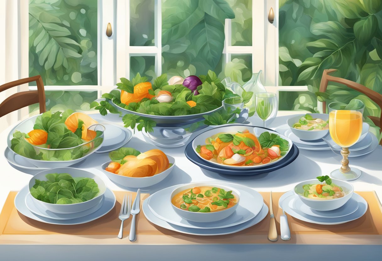 A table set with elegant dishes from around the world, surrounded by lush greenery and soft ambient lighting