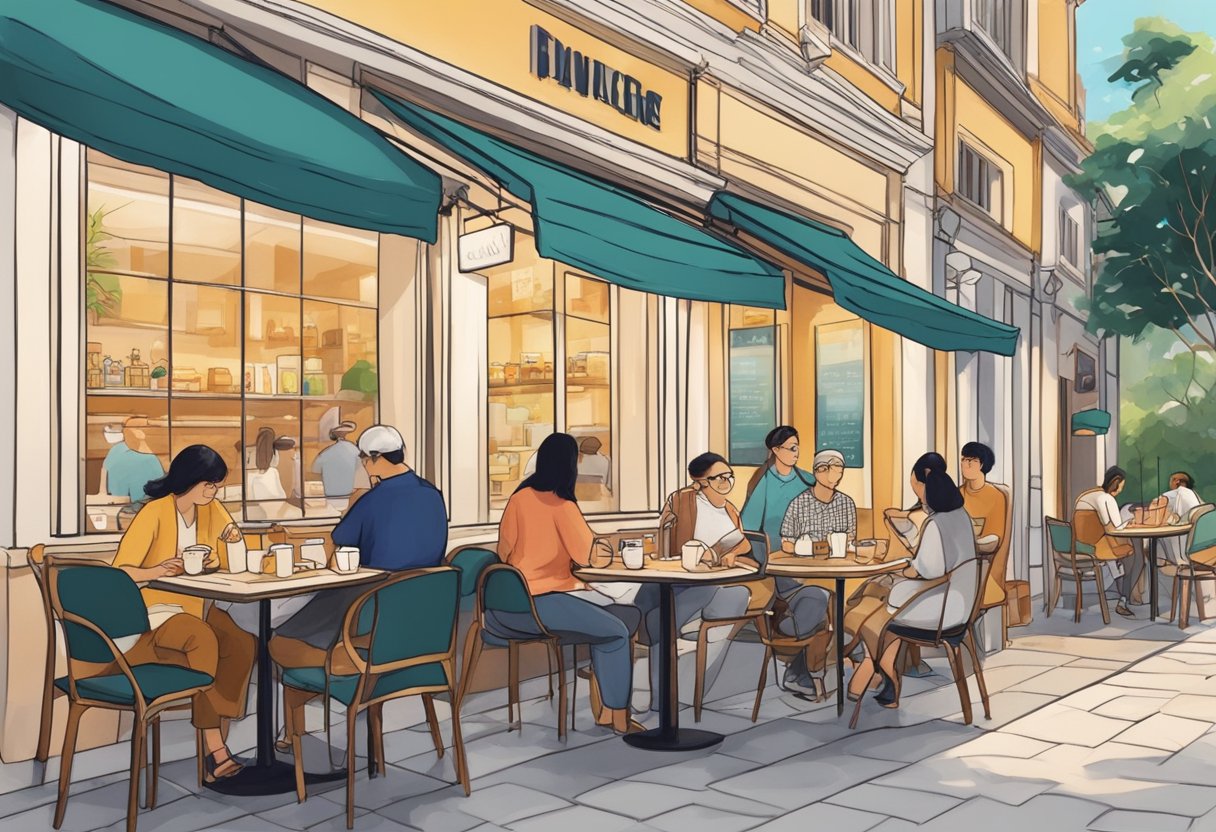 Customers enjoy coffee and pastries at cozy, affordable cafes in Singapore. Tables are filled with locals and tourists chatting and savoring the relaxed atmosphere