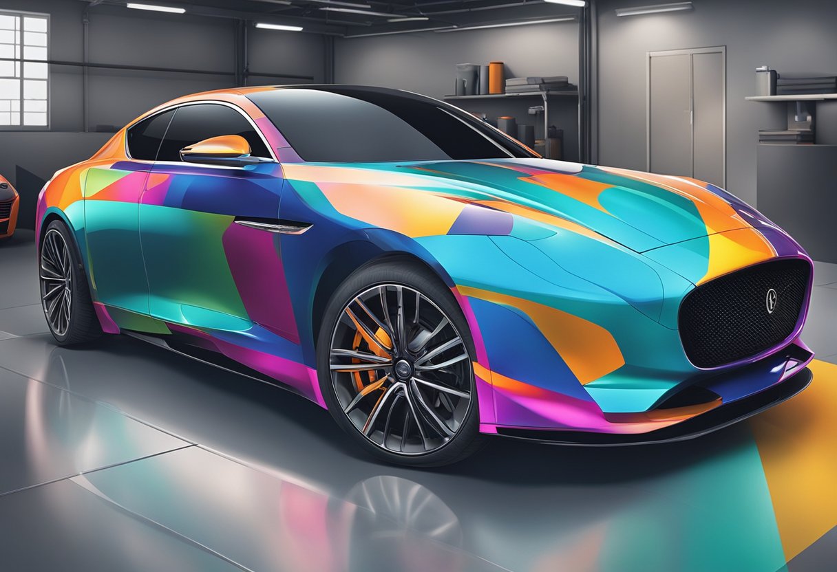 A sleek, modern car being expertly wrapped in a professional workshop, with precision and attention to detail. The vibrant colors and smooth finish showcase the quality of the car wrap