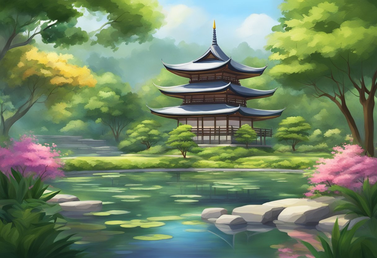 A serene landscape with a tranquil pond, lush greenery, and a peaceful pagoda nestled in the midst of a serene garden