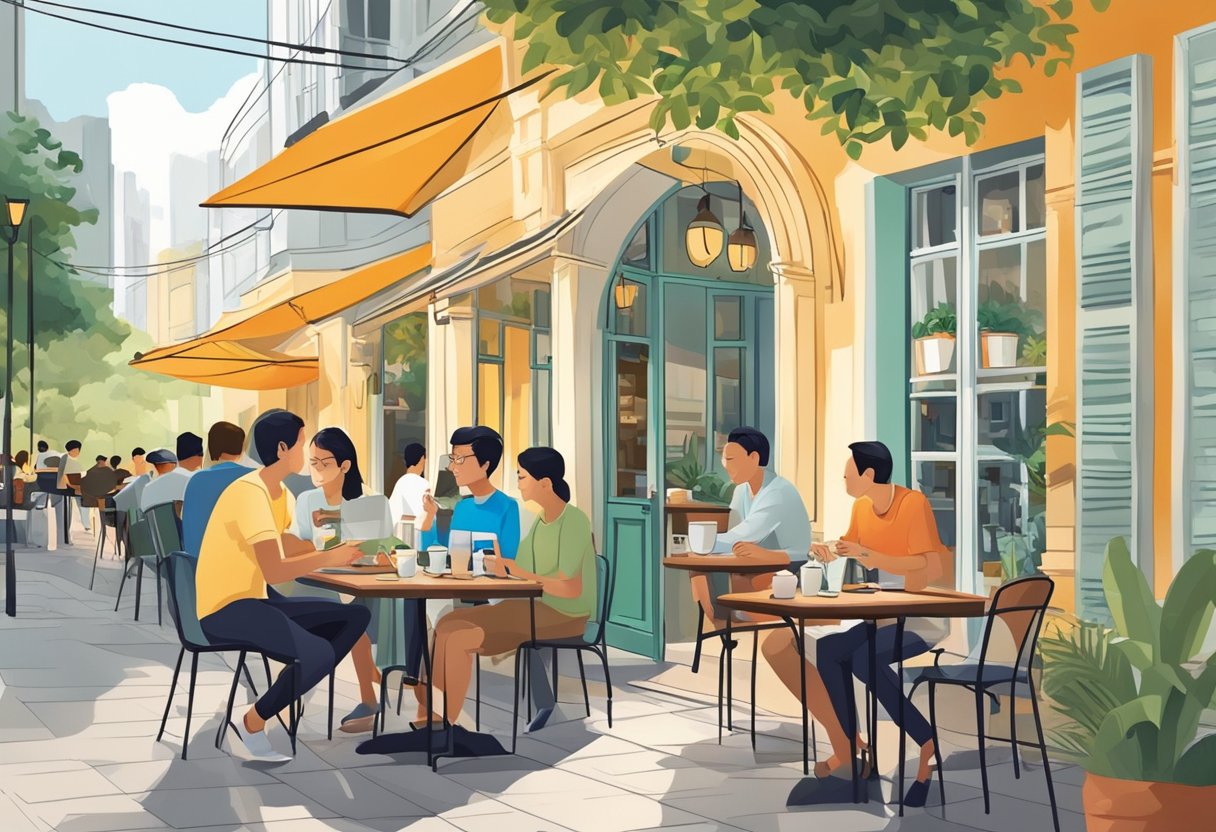 Customers enjoying coffee at outdoor tables in a cozy cafe nestled within the bustling streets of Singapore