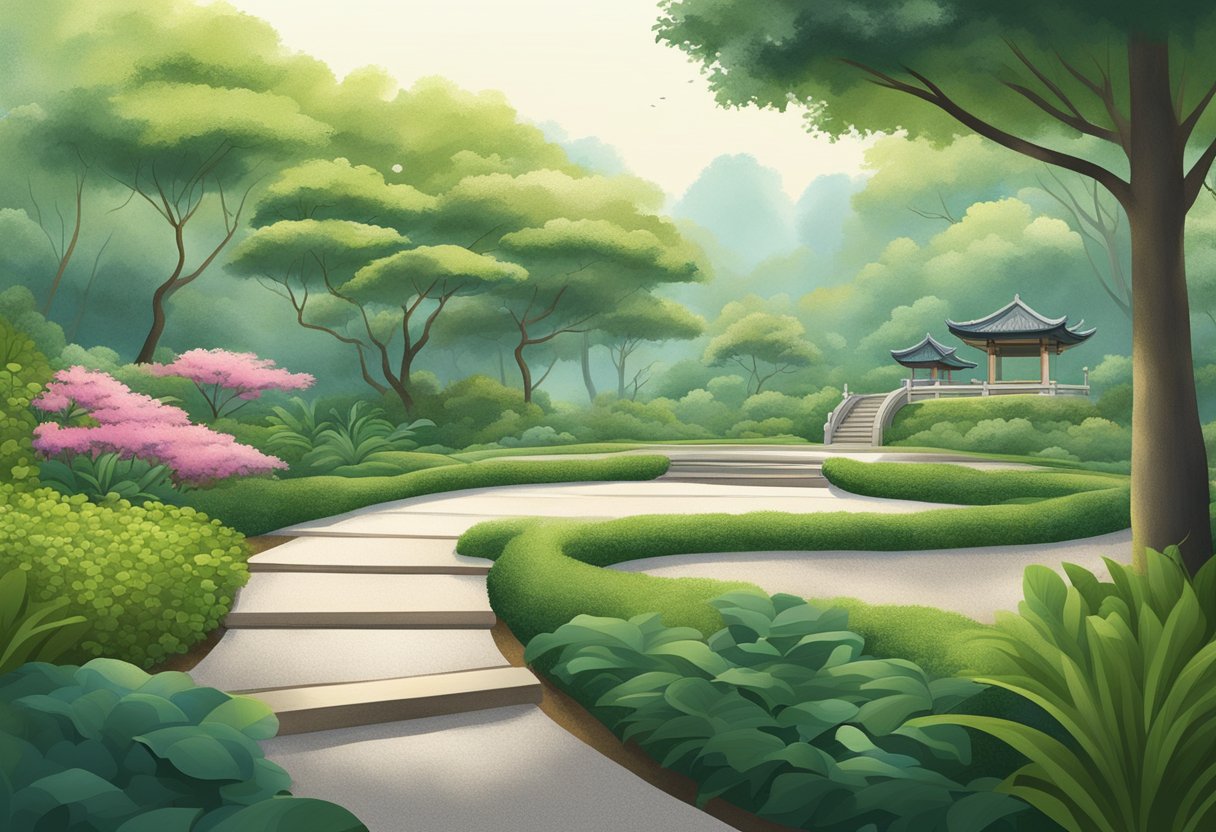A serene zen garden in Singapore, with carefully raked gravel, lush greenery, and a peaceful atmosphere