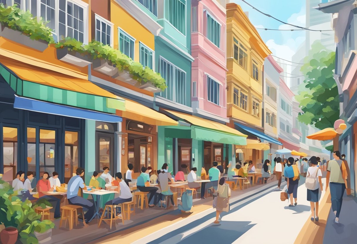 A bustling street in Singapore with colorful and inviting cafes lining the sidewalks, showcasing affordable prices and welcoming atmosphere