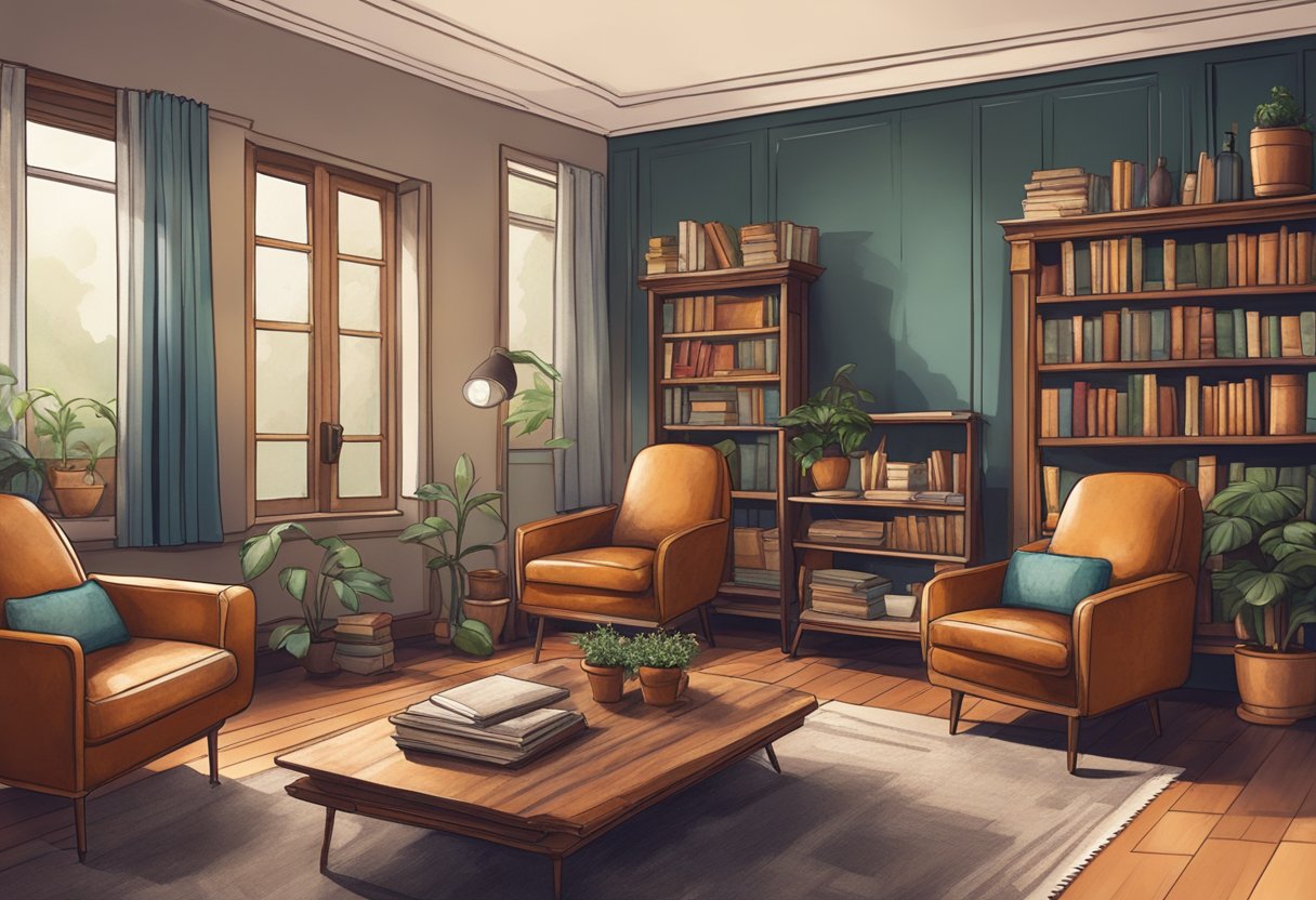 A cozy living room with vintage second-hand furniture in Singapore. A worn leather armchair, a retro coffee table, and a bookshelf filled with old books