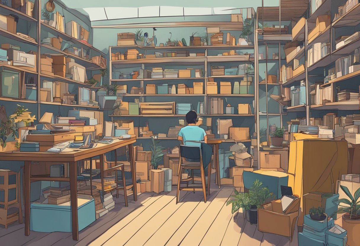 A cluttered second-hand furniture shop in Singapore, with shelves stacked high with various items and customers browsing through the eclectic selection