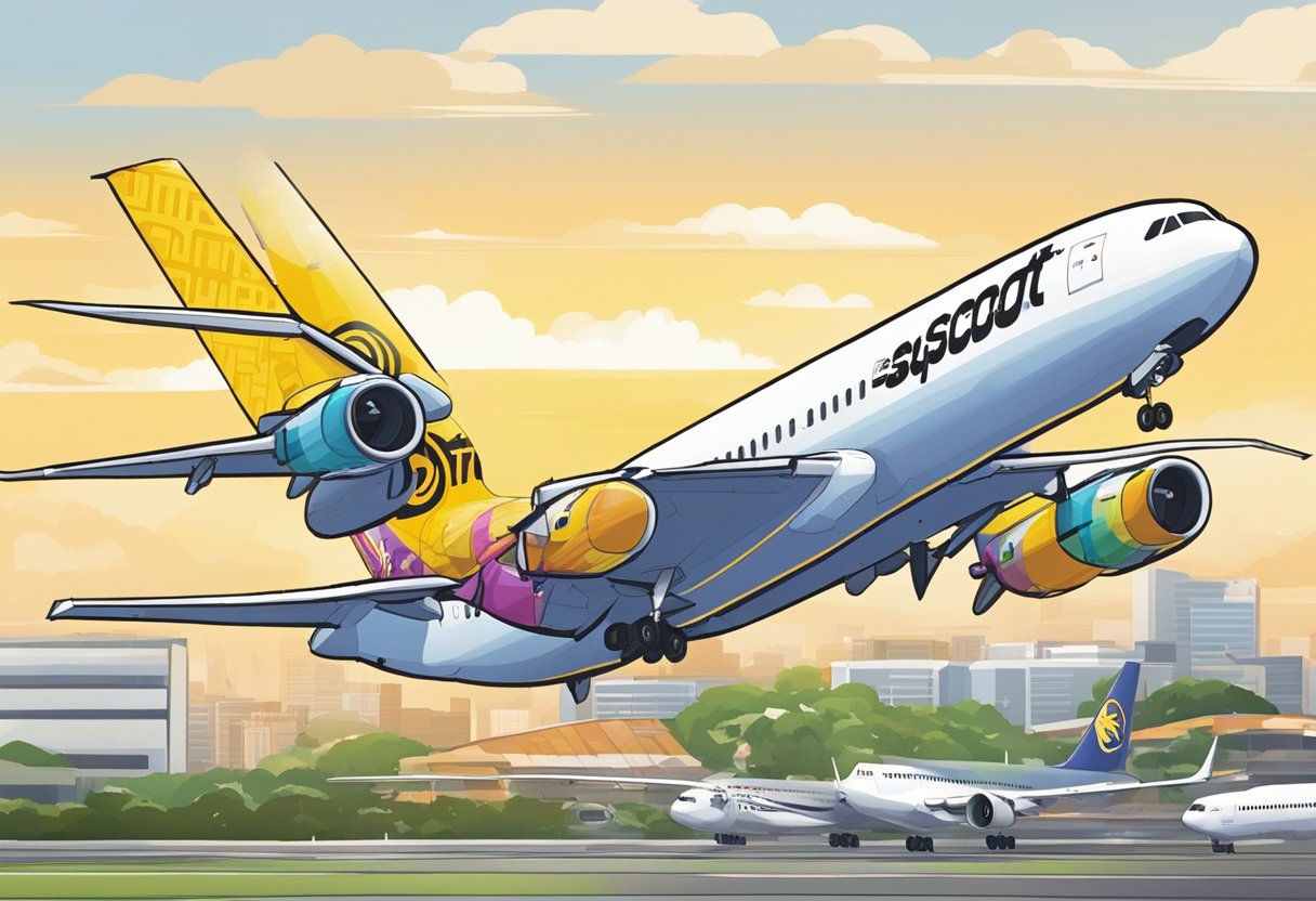 A colorful airplane takes off from a bustling airport in Singapore. The iconic "flyscoot" logo is prominently displayed on the aircraft's tail
