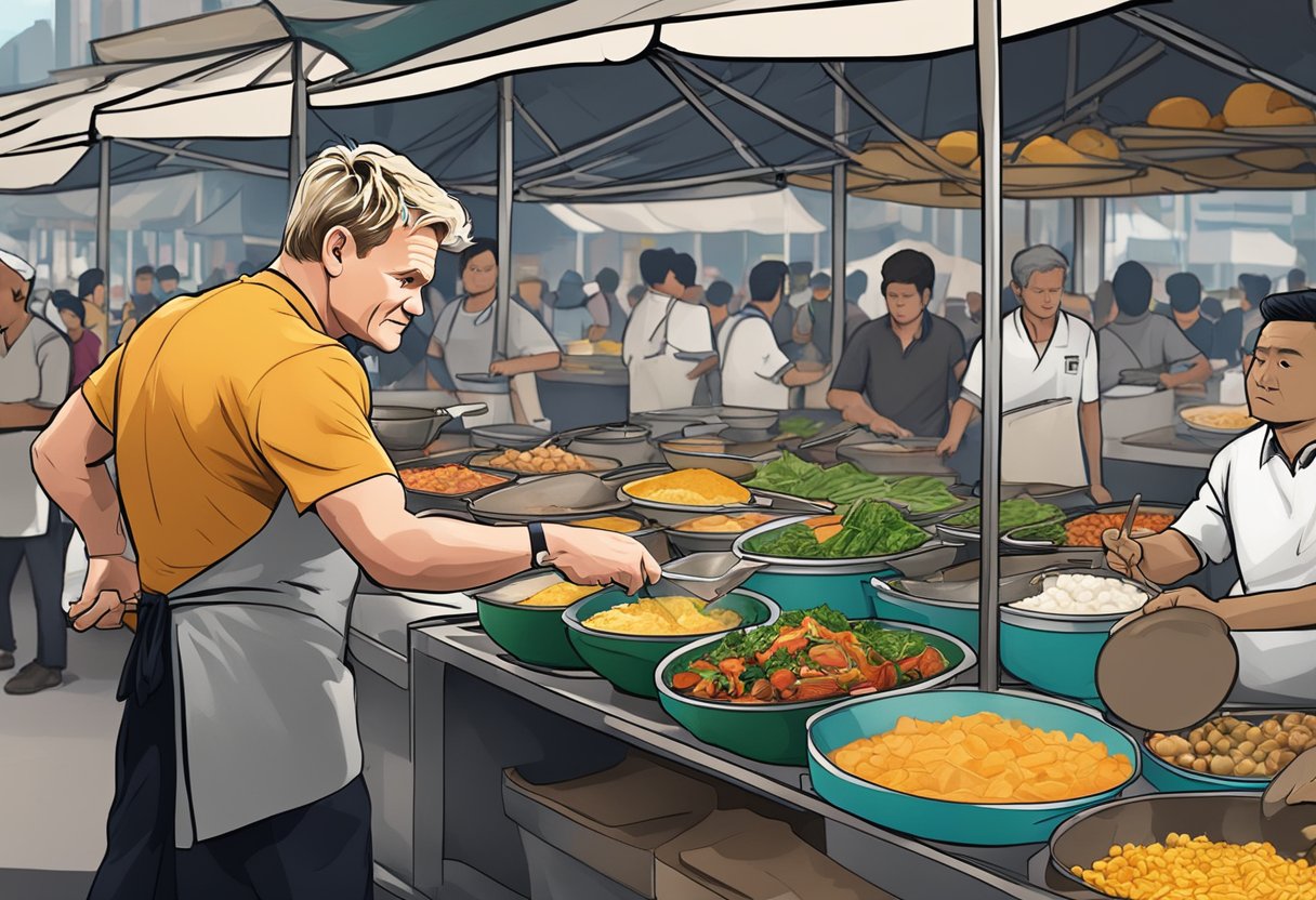 Gordon Ramsay cooking in a bustling Singapore street market