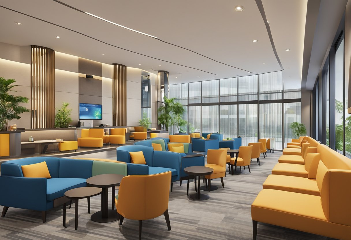 The Holiday Inn Express Singapore Katong features a modern, vibrant lobby with sleek furniture and a colorful accent wall. The space is illuminated by natural light streaming in from large windows, creating a welcoming and inviting atmosphere