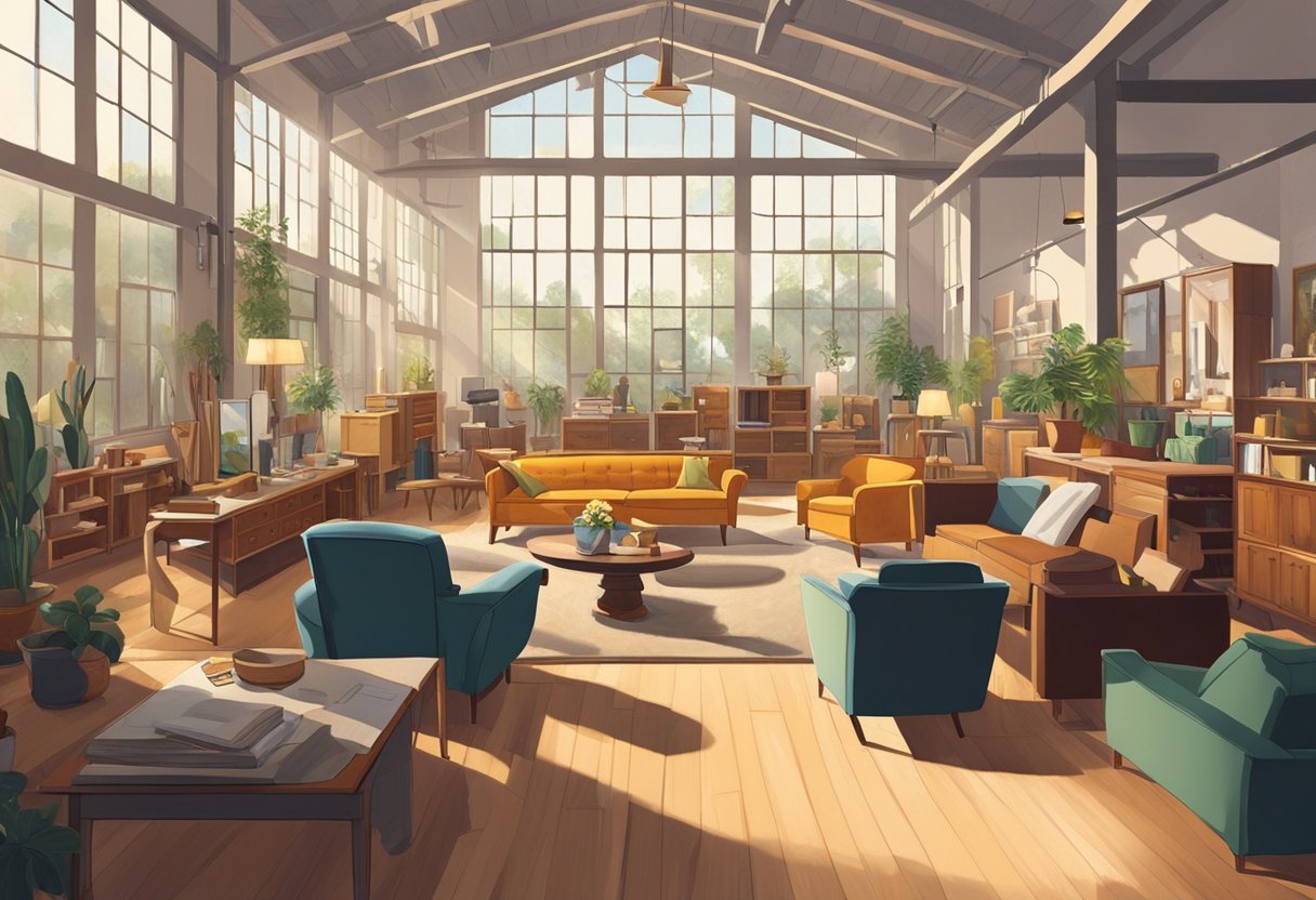 Various second-hand furniture items fill a spacious warehouse, including sofas, tables, chairs, and cabinets. The sunlight streams in through large windows, casting a warm glow over the eclectic collection
