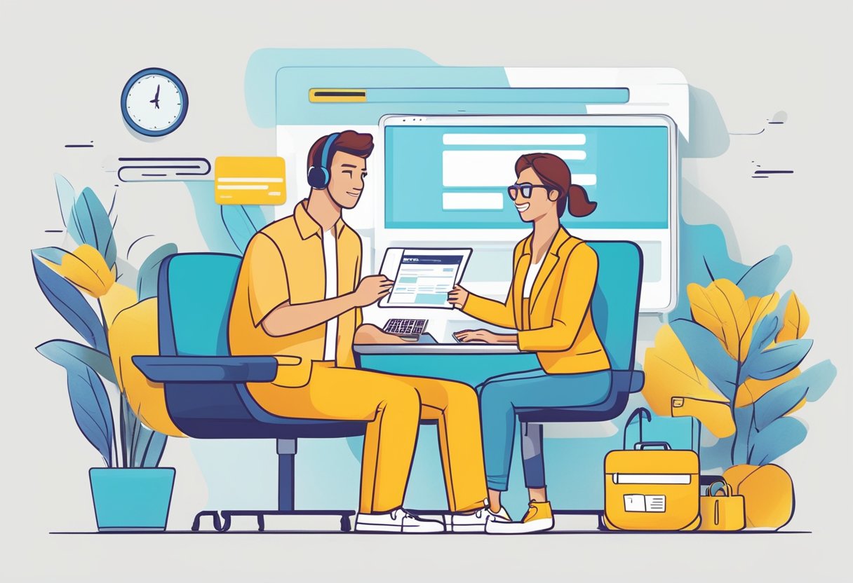Passengers booking flights online at flyscoot singapore website with a computer, credit card, and passport in hand