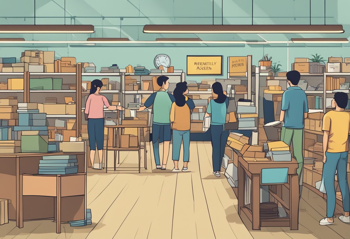 A crowded second-hand furniture store in Singapore with customers browsing, shelves and racks filled with various items, and a sign reading "Frequently Asked Questions" displayed prominently