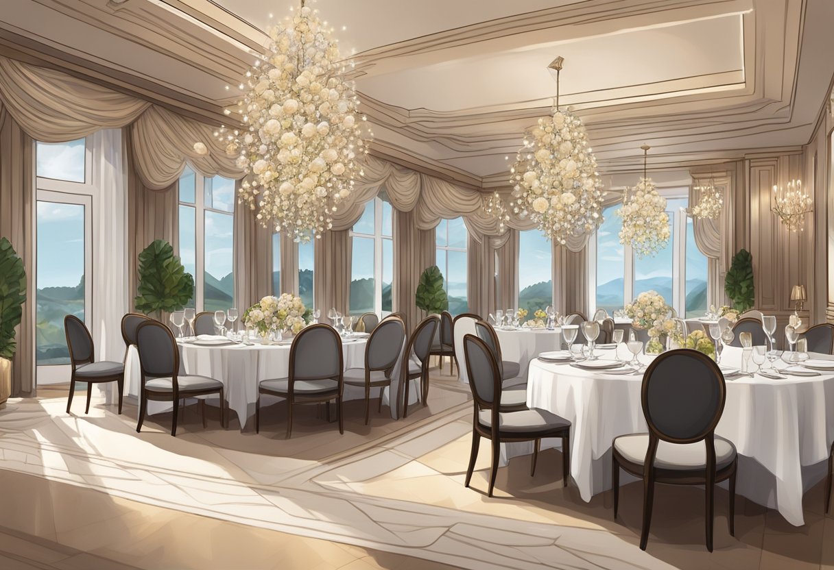 The elegant dining room is bathed in warm, soft lighting, with sleek, modern decor and a relaxed yet sophisticated atmosphere. Tables are set with pristine white linens and sparkling glassware, creating an inviting space for a memorable dining experience