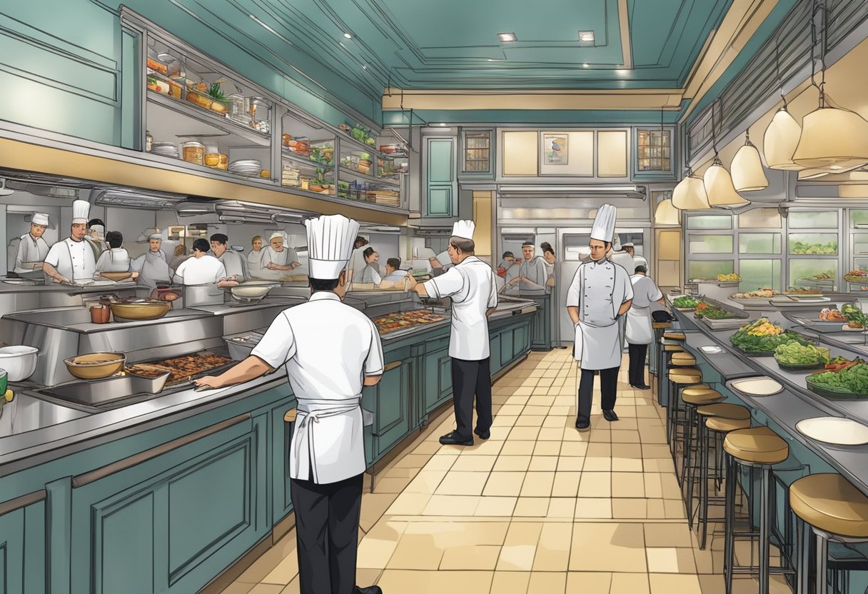 Gordon Ramsay's Singapore restaurant, bustling with customers and staff, with the chef overseeing the kitchen and interacting with guests