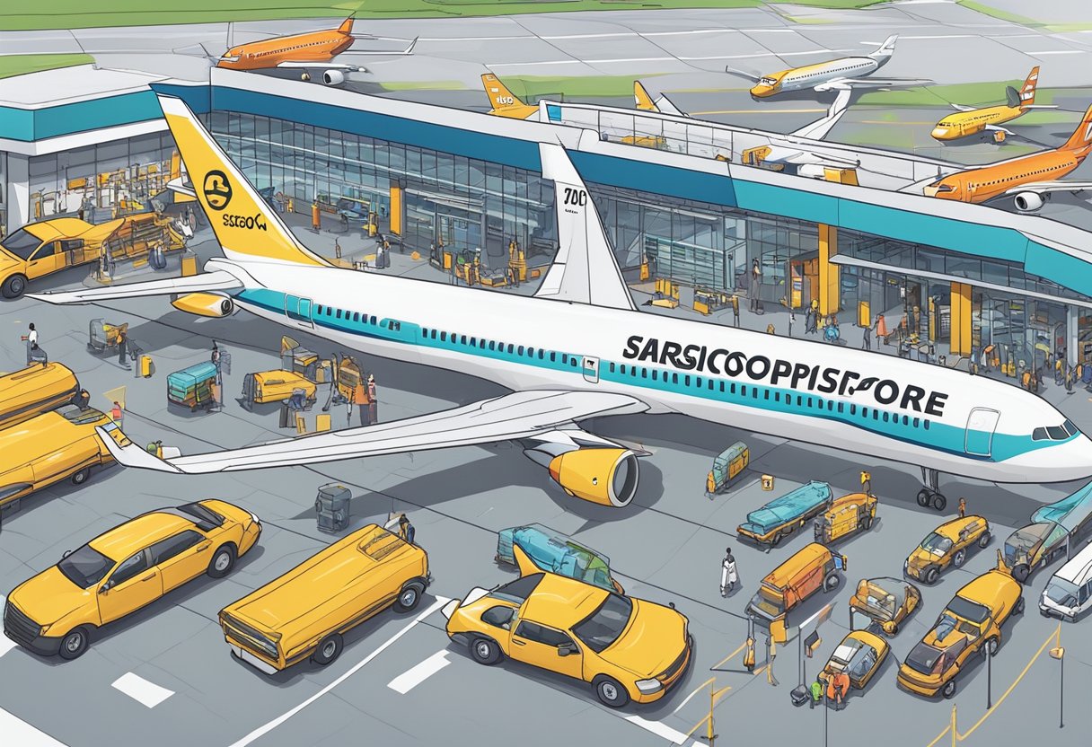 A colorful, bustling airport terminal with a prominent "Before You Fly flyscoot singapore" sign and airplanes parked outside