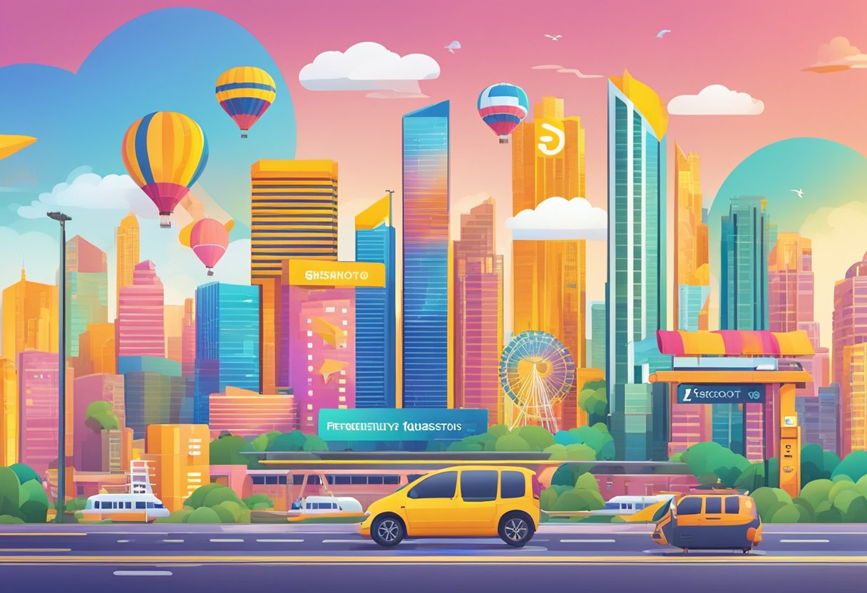 A colorful display of "Frequently Asked Questions" signs with the FlyScoot logo, set against a vibrant Singaporean backdrop