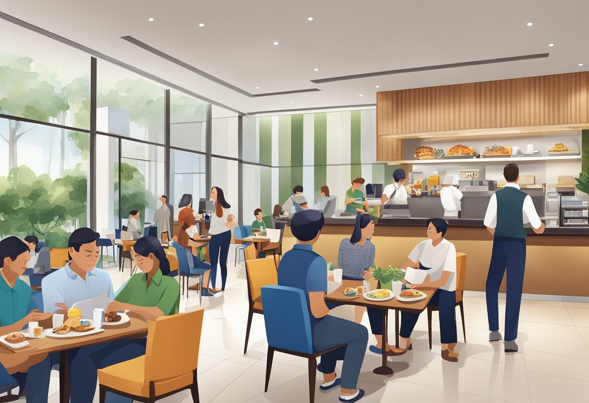 The lobby of Holiday Inn Express Singapore Katong bustling with guests at the front desk and others enjoying breakfast in the dining area