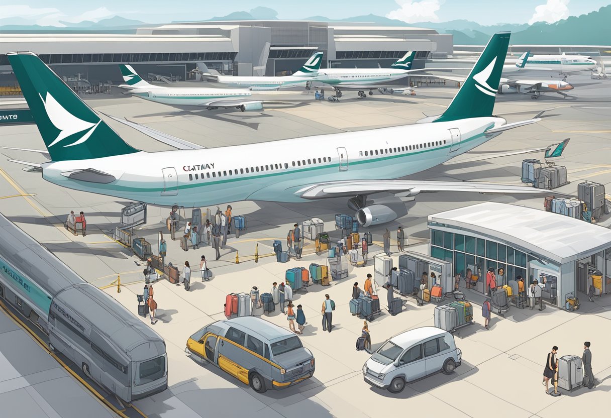 A bustling airport scene with planes parked at the gates, luggage carts moving, and passengers boarding and disembarking. The Cathay Singapore logo prominently displayed on the aircraft
