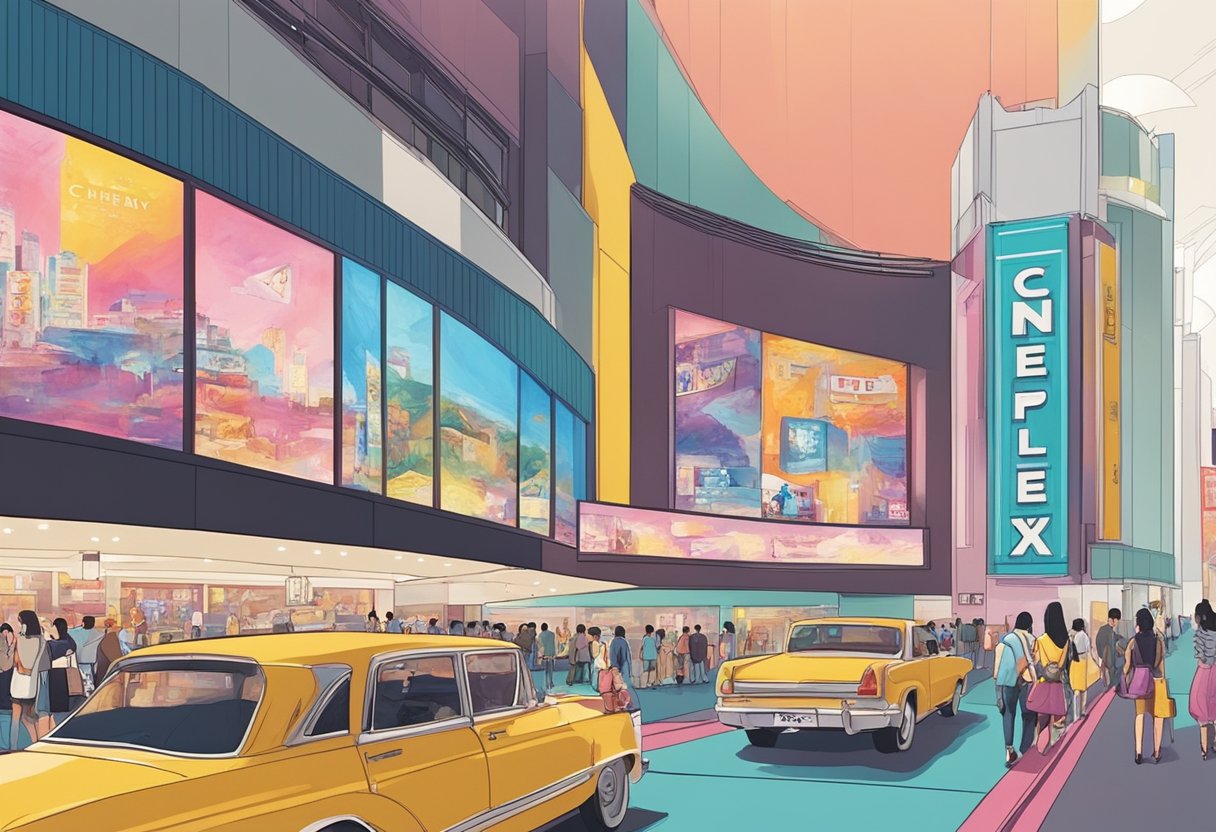 Moviegoers wander through the modern, bustling Cathay Cineplexes in Singapore, passing by colorful movie posters and the aroma of fresh popcorn