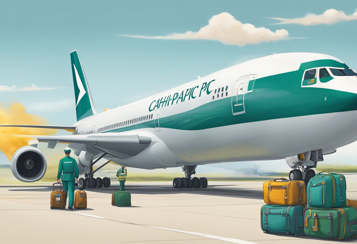 A Cathay Pacific airplane prepares to take off for Singapore, with ground crew loading luggage and fueling the aircraft