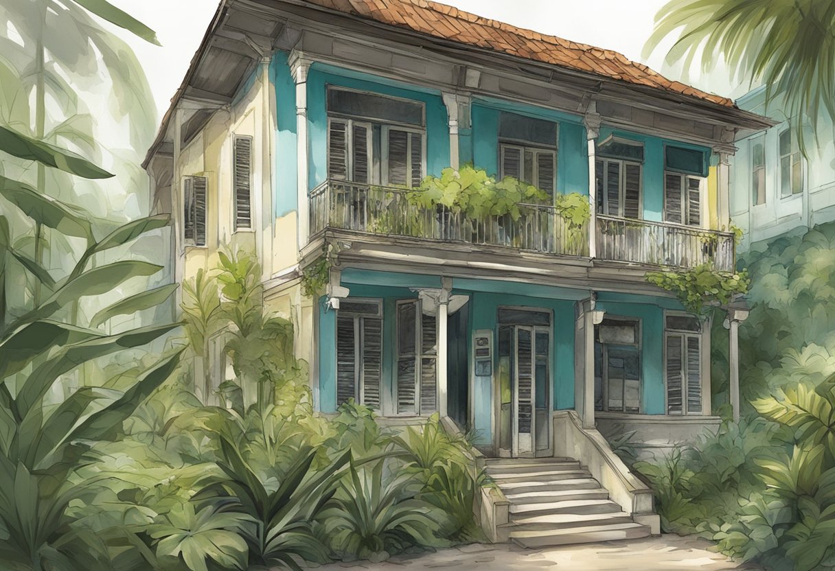 A small, run-down hotel on Sentosa Island, Singapore. Faded sign, peeling paint, and overgrown plants