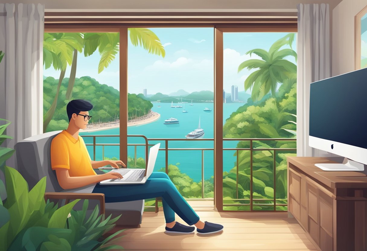 A traveler browses online for the cheapest hotel on Sentosa Island, Singapore, surrounded by lush greenery and a view of the sparkling ocean