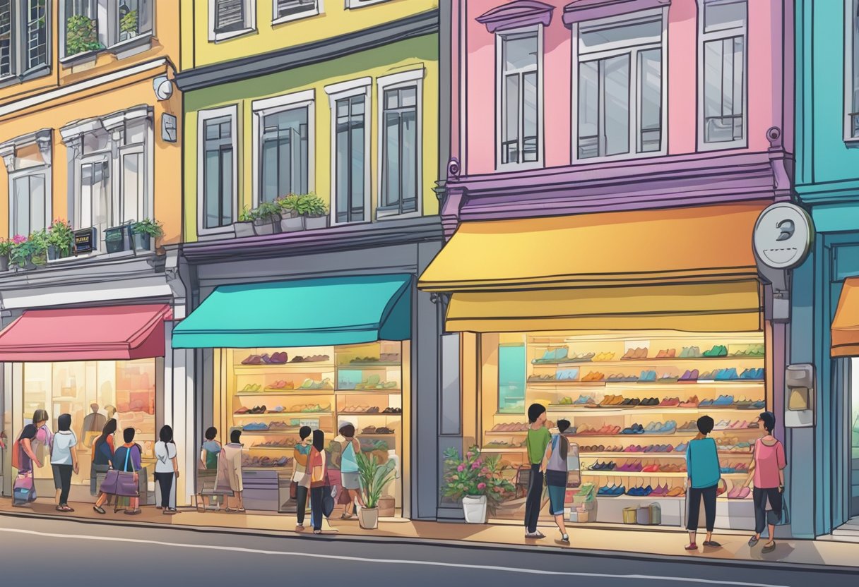A row of colorful shoe shops in Singapore, with vibrant displays and bustling customers