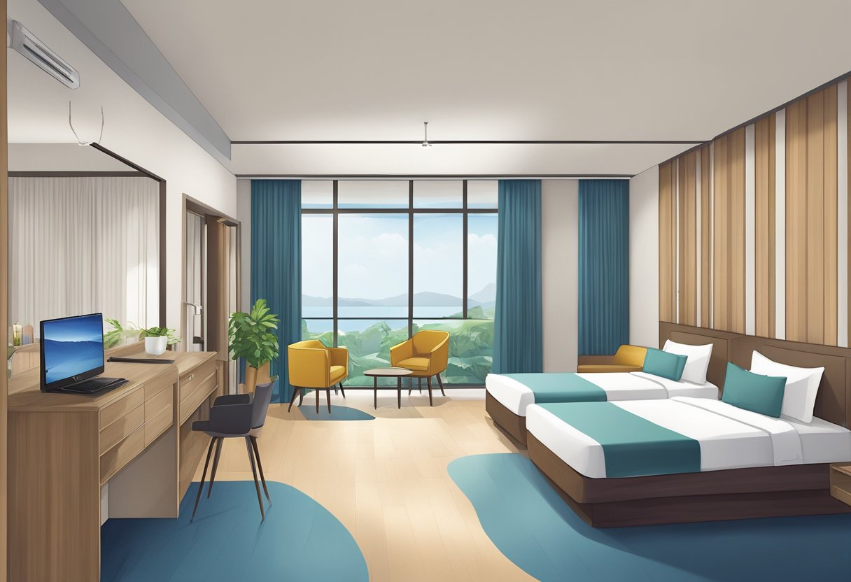 The budget hotel in Sentosa, Singapore offers basic amenities and services, including a simple reception area, clean and cozy rooms, and a small dining area