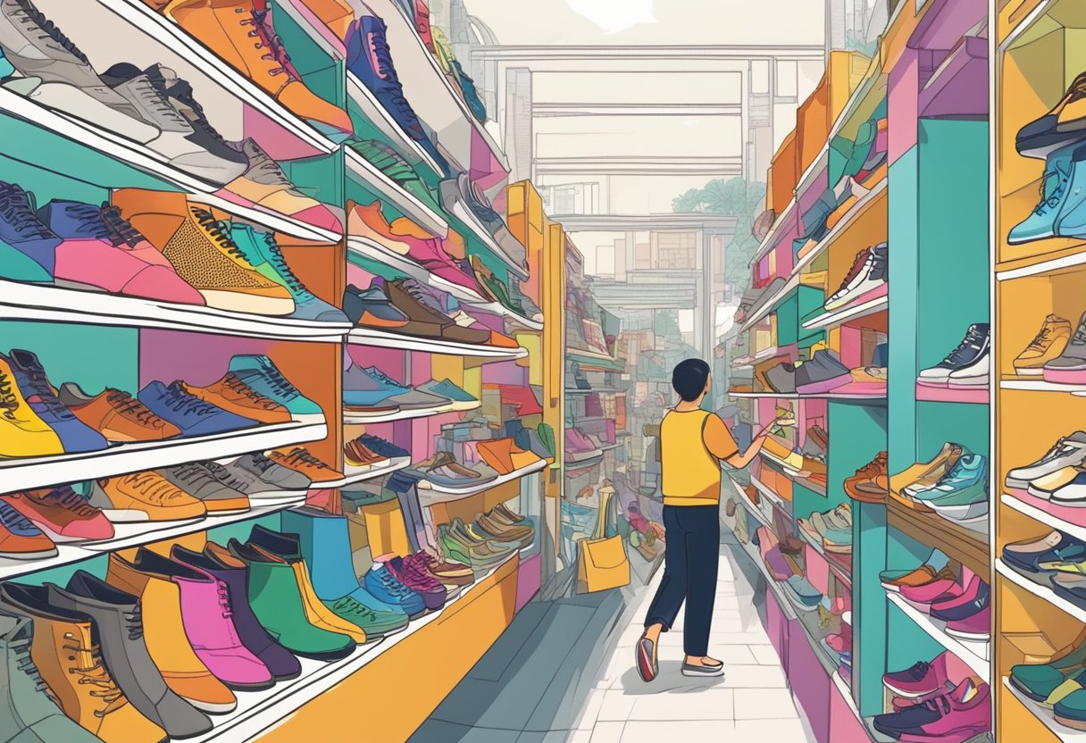 People browsing shelves in colorful shoe shops, trying on various styles and designs in a bustling Singapore shopping district