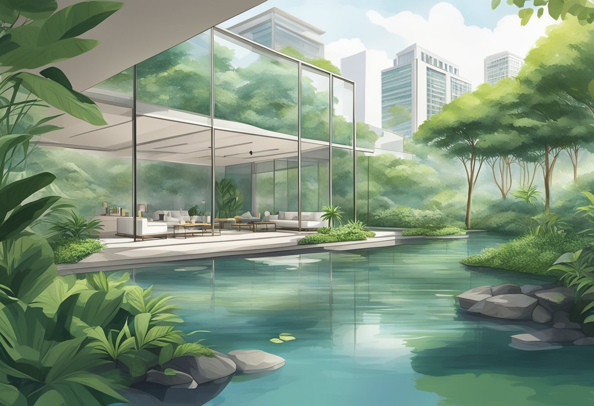 Lush greenery surrounds a tranquil pond at Aveda Singapore, with a modern, minimalist building in the background. The scene exudes a sense of natural beauty and serenity