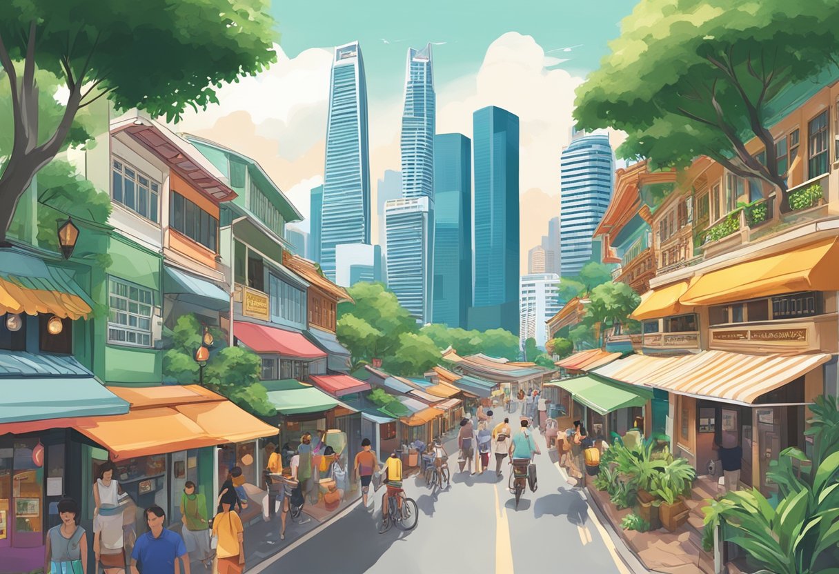 A bustling street in Singapore, with colorful shophouses and vibrant signs, surrounded by lush greenery and the iconic Marina Bay Sands in the distance