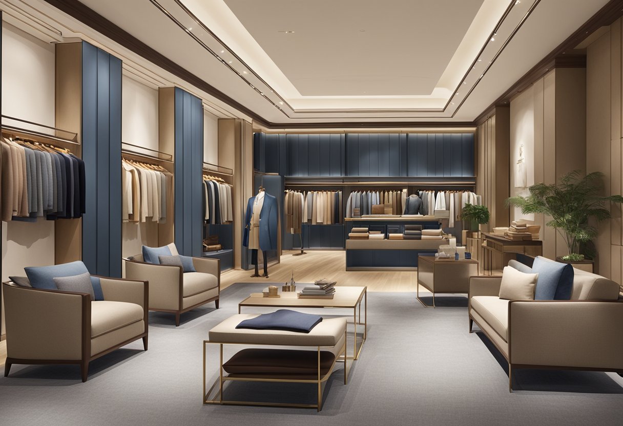 A luxurious Loro Piana store in Singapore, with elegant displays of cashmere and wool fabrics, and a sophisticated interior design