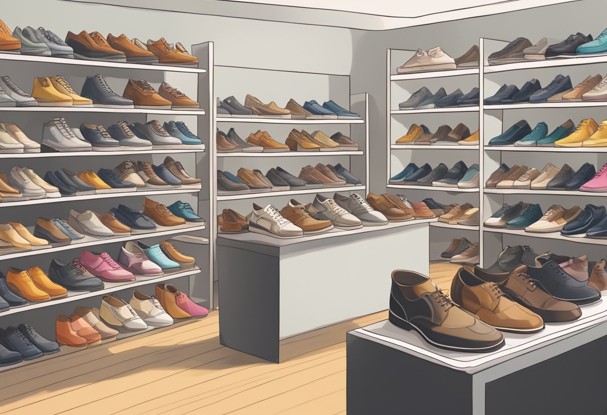 A variety of shoes displayed on shelves in a well-lit shoe shop, with signs indicating different styles and sizes. Customers browsing and trying on shoes with a salesperson offering assistance