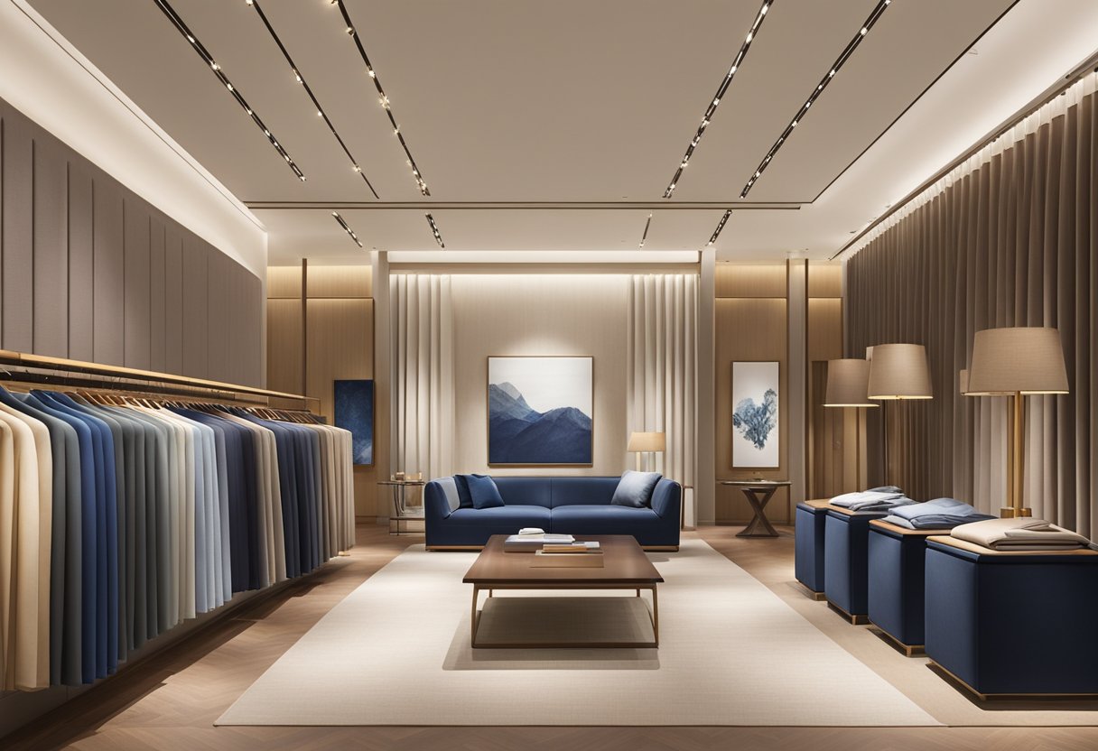 A luxurious display of Loro Piana's fabrics and garments in a sleek, modern Singapore showroom. Rich textures and exquisite craftsmanship draw in sophisticated shoppers