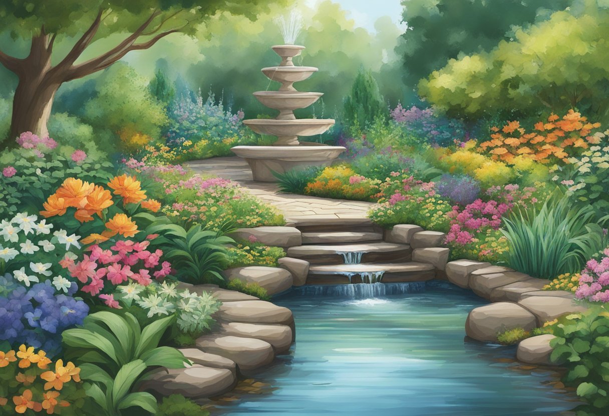 A lush, serene garden with flowing water features and vibrant, aromatic plants. The air is filled with the sound of birds and the scent of natural botanicals