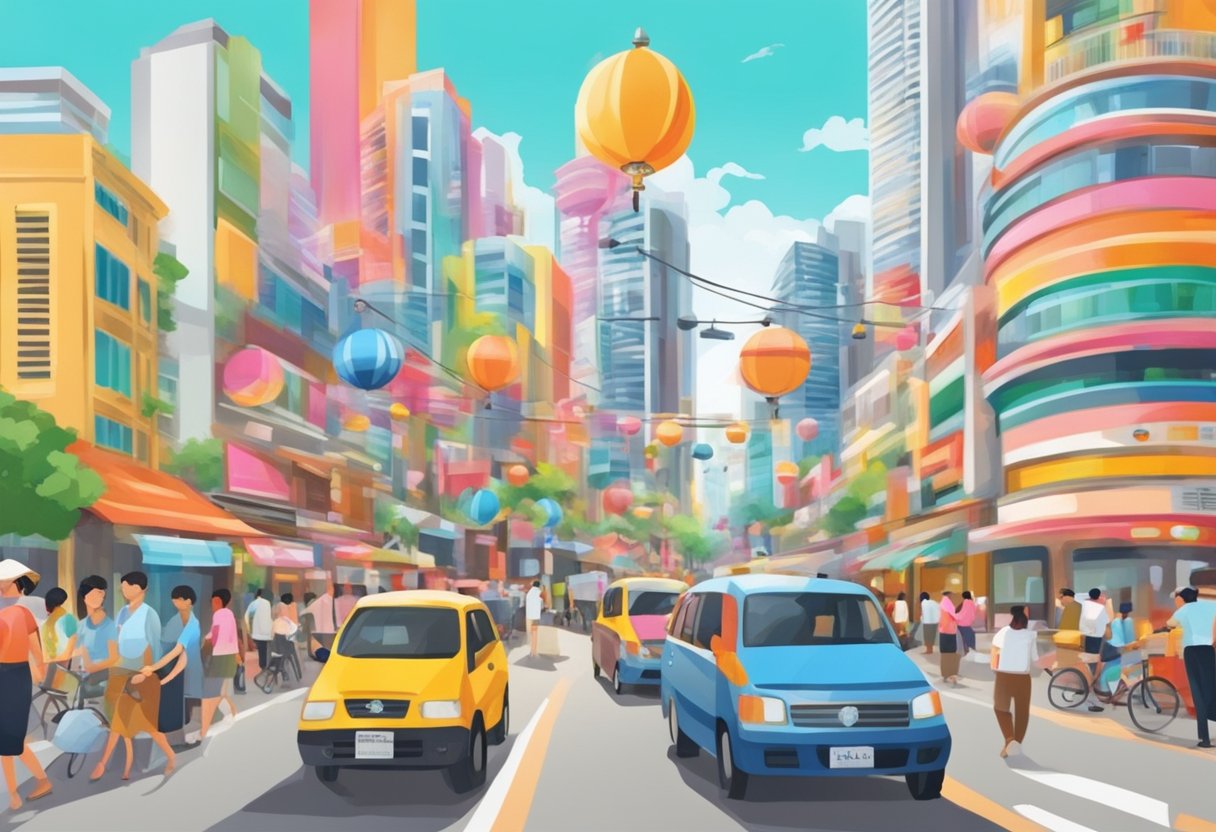 A bustling Singapore street with colorful signs and diverse people, showcasing the vibrant energy of ROMM