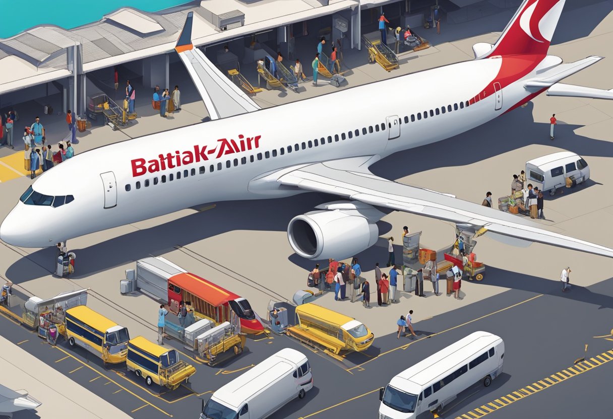 A bustling Batik Air Singapore terminal with passengers boarding and departing, planes taxiing, and luggage being loaded onto conveyors