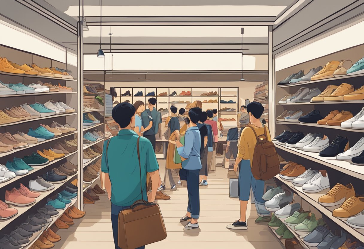 A crowded shoe shop in Singapore with shelves of shoes, customers browsing, and a sign displaying "Frequently Asked Questions" prominently