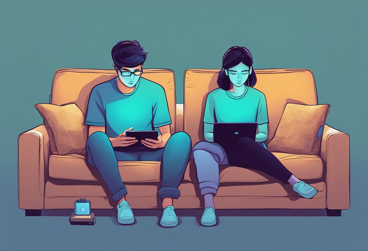 A couple sits on a couch, each engrossed in their own digital devices. The glow of the screens illuminates their faces as they sit in silence, disconnected from each other