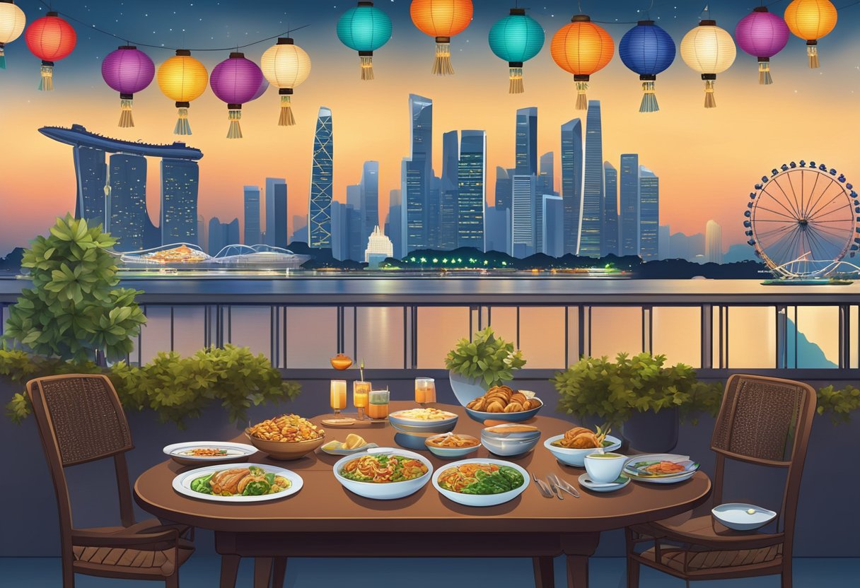 A table set with traditional Singaporean dishes, surrounded by colorful lanterns and decorations, with the iconic skyline of Singapore in the background