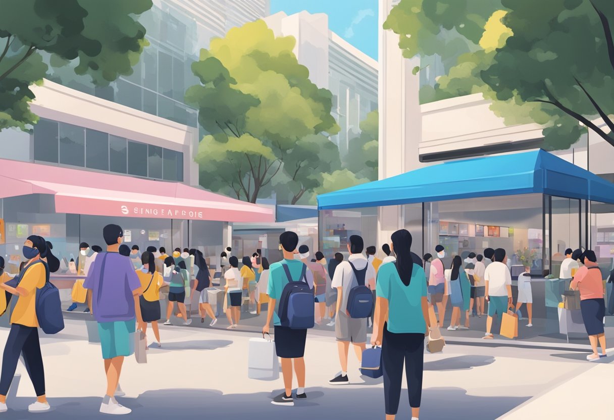 The bustling streets of Singapore showcase the latest iPhone 13 models in various sleek colors and storage options, with eager customers lining up outside electronic stores