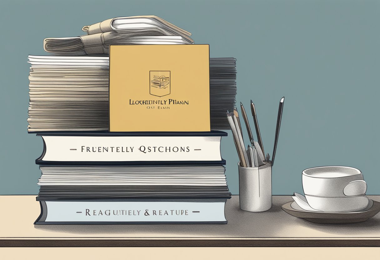 A stack of brochures and a laptop on a desk, with a sign reading "Frequently Asked Questions" at the Loro Piana store in Singapore