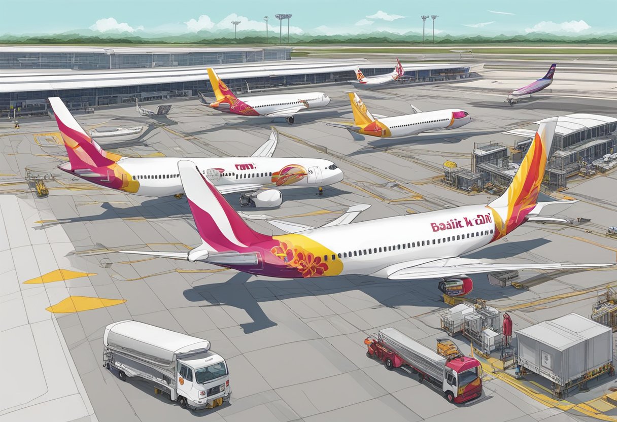 Batik Air planes line up at Changi Airport terminal. Ground crew service aircraft
